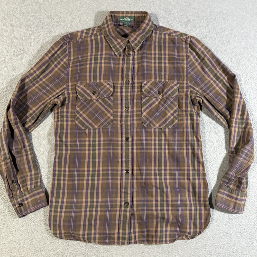Lauren Ralph Lauren Button Down Shirt Brown Front Pocket Long Sleeve Top Medium